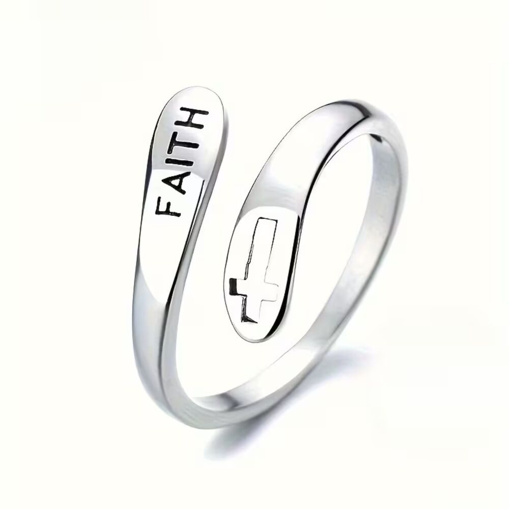 Faith Cross Stainless Open Wrap Ring Adjustable Engraved Religious Spiritual